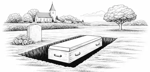 Illustration af begravelse, hvor en kiste sænkes i et gravsted