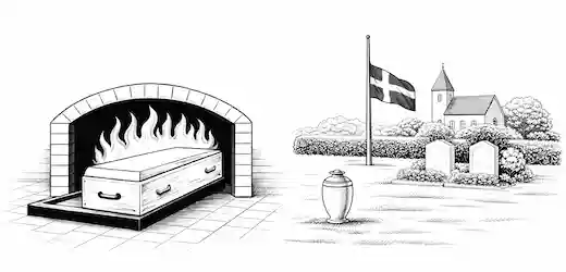 Illustration af bisættelse med kiste i krematorium og urne på kirkegård