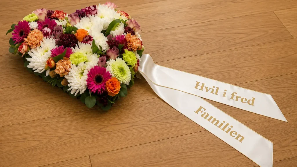 Blomsterhjerte med hvidt bånd og teksterne Hvil i fred og Familien