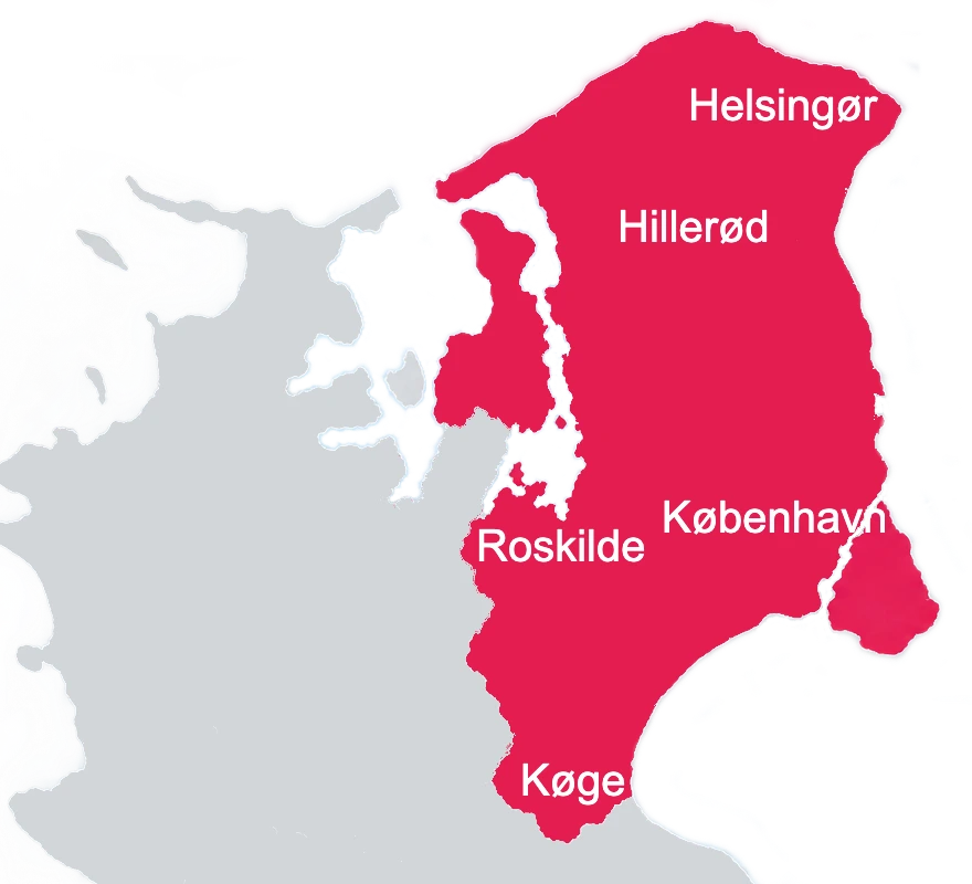 Kort over Danbegravelses dækningsområde i hovedstadsområdet, Nordsjælland og mod Roskilde og Køge