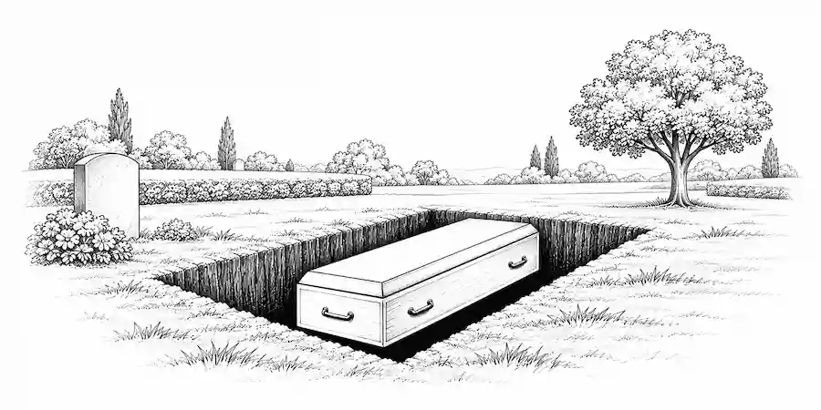Illustration af kiste i gravsted ved begravelse